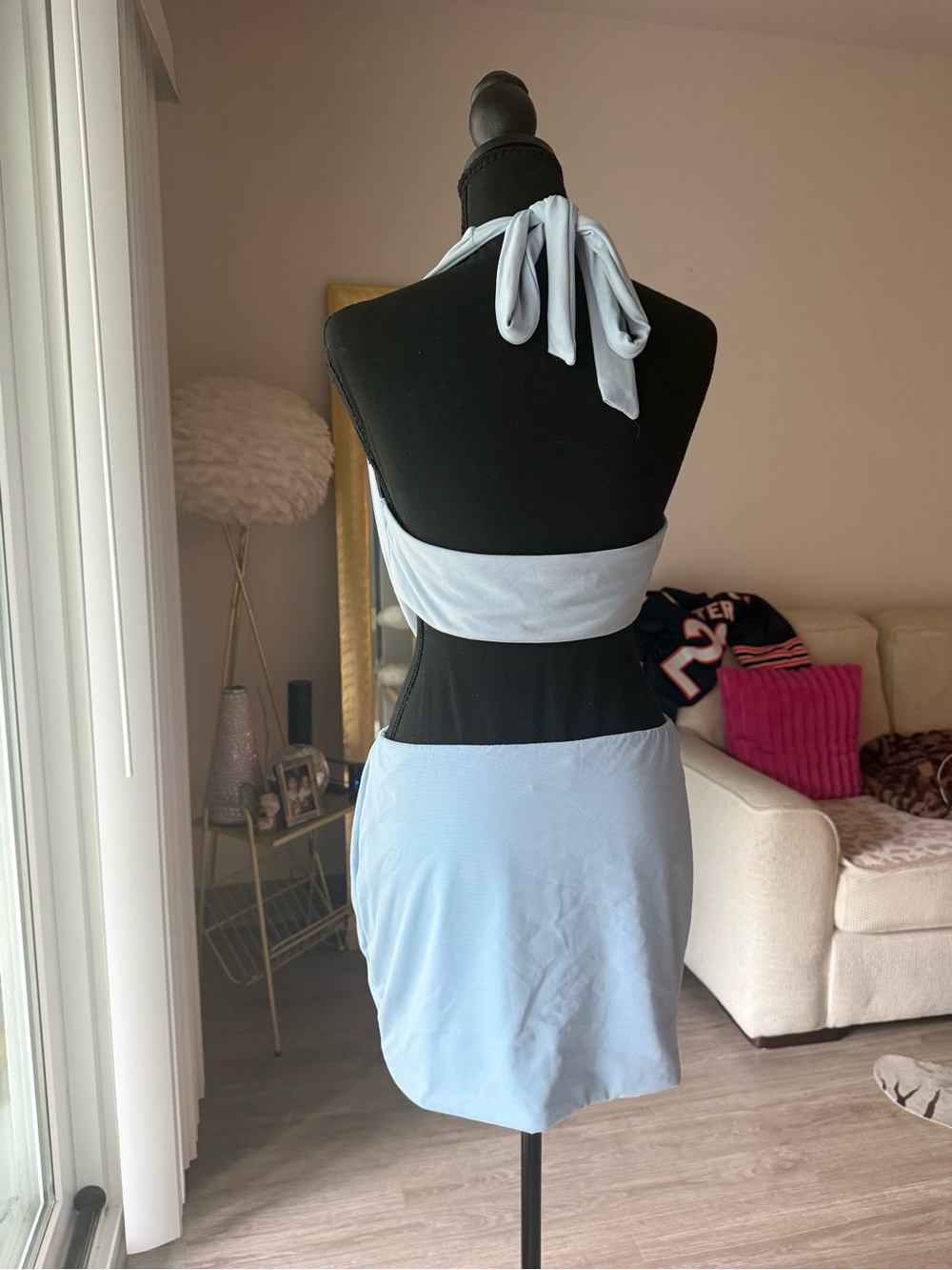 Oh Polly Light Blue Drape Front Crop Top & Mini Skirt Co-ord Set - Picture 6 of 8